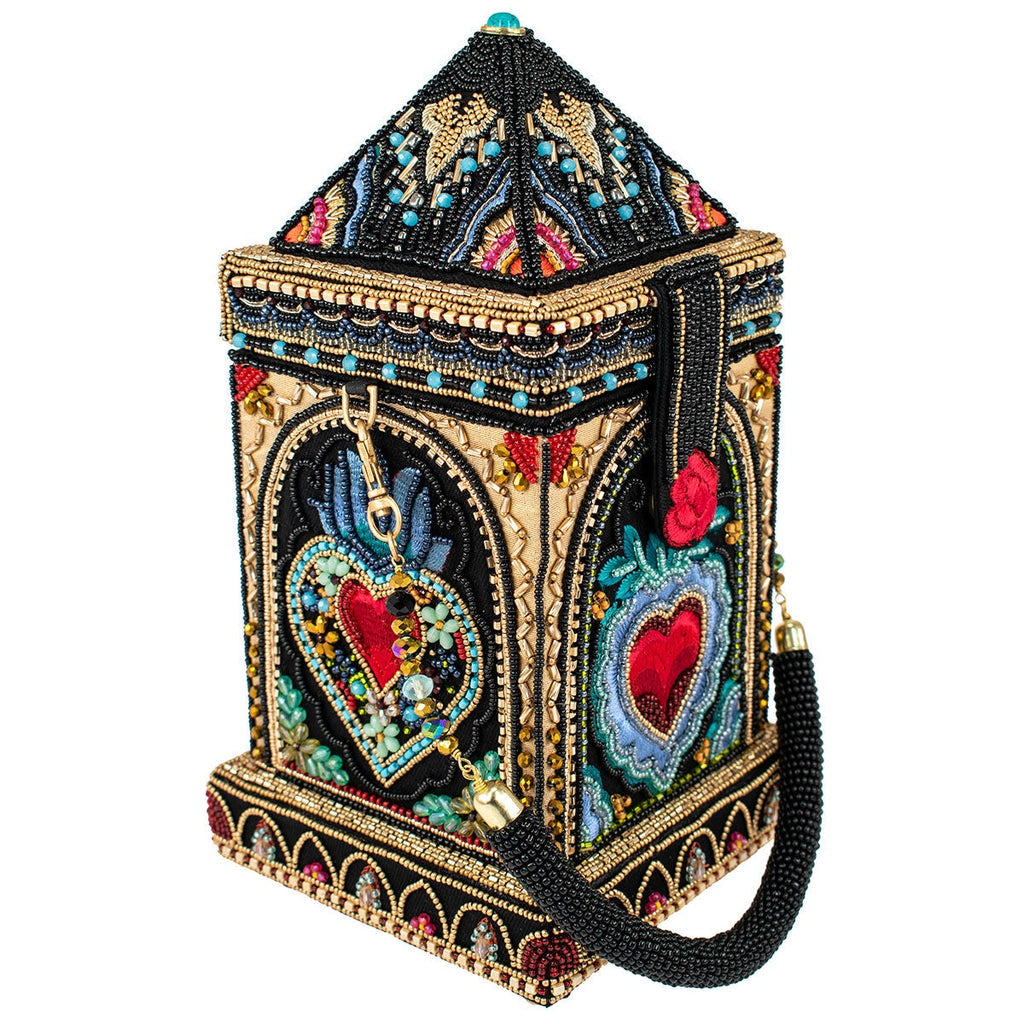 Mary Frances House of Hearts Beaded Red Heart Handbag Black Gold Bag Purse NEW
