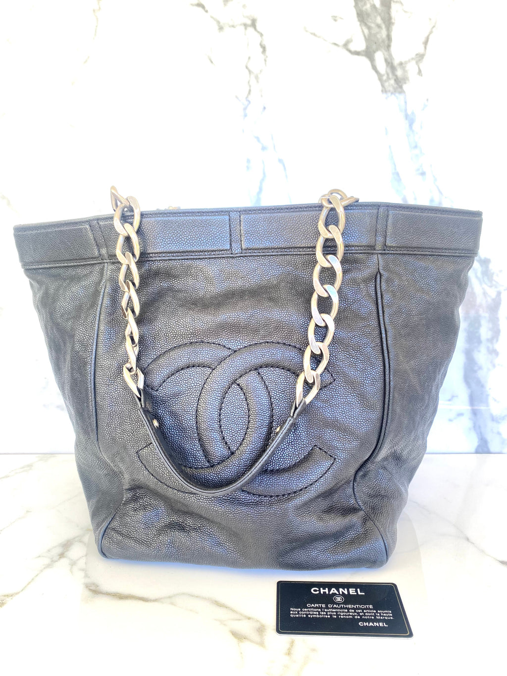 CHANEL Dark Black Aged Caviar Leather Big CC Ruthenium Chain
