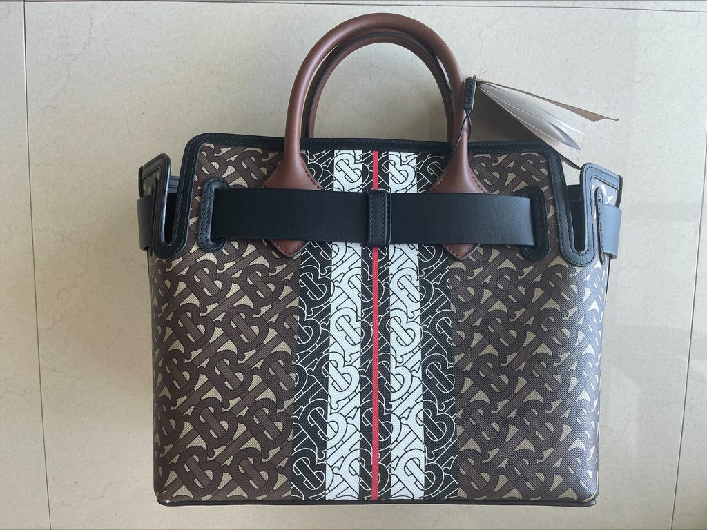 Burberry E Canvas Monogram Stripe Small Tote Bridle Brown Handbag Bag Purse NEW