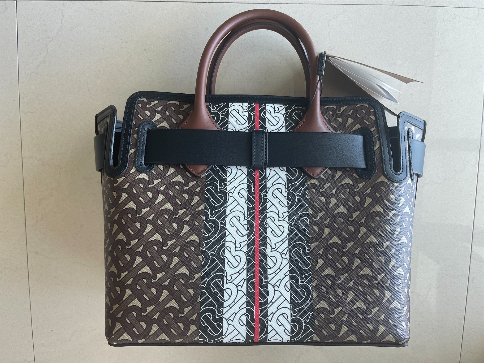 Burberry E Canvas Monogram Stripe Small Tote Bridle Brown Handbag Bag Purse NEW