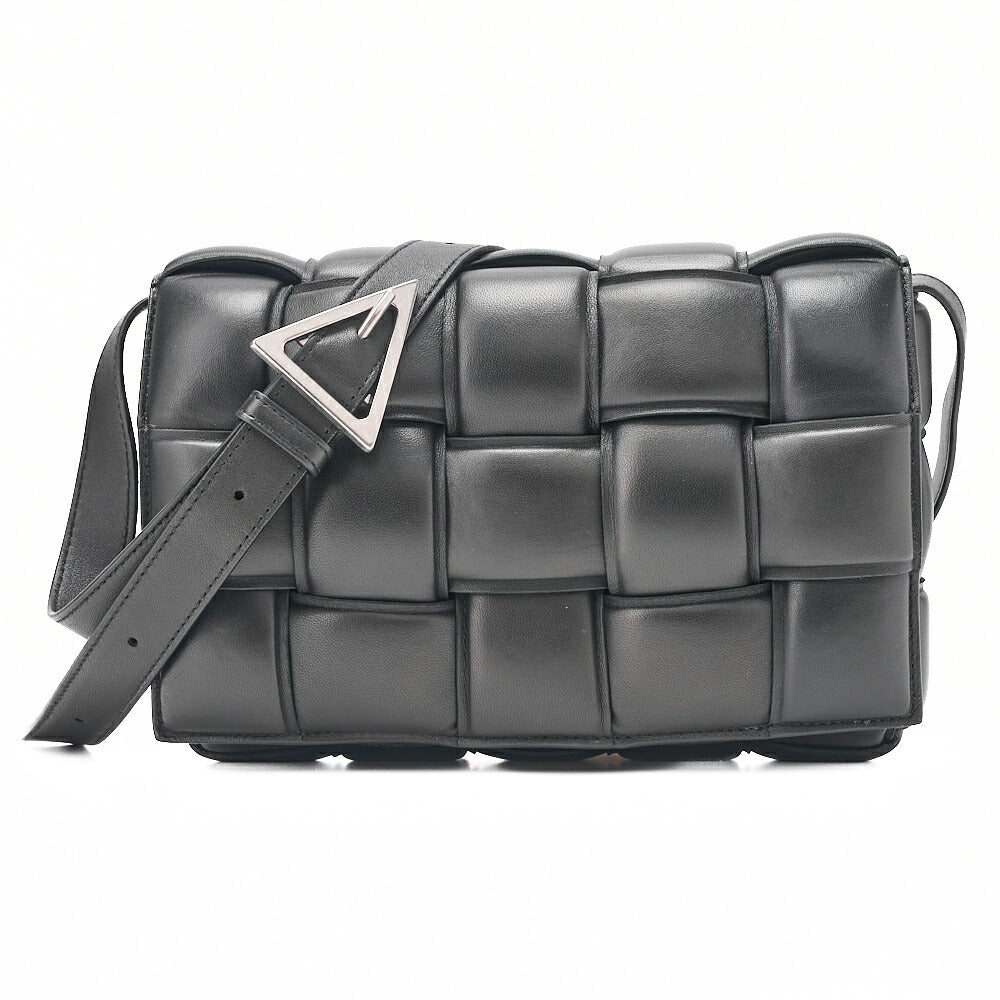 BOTTEGA VENETA Intrecciato Lambskin Padette Cassette Shoulder Back Black Silver-Tone Hardware,