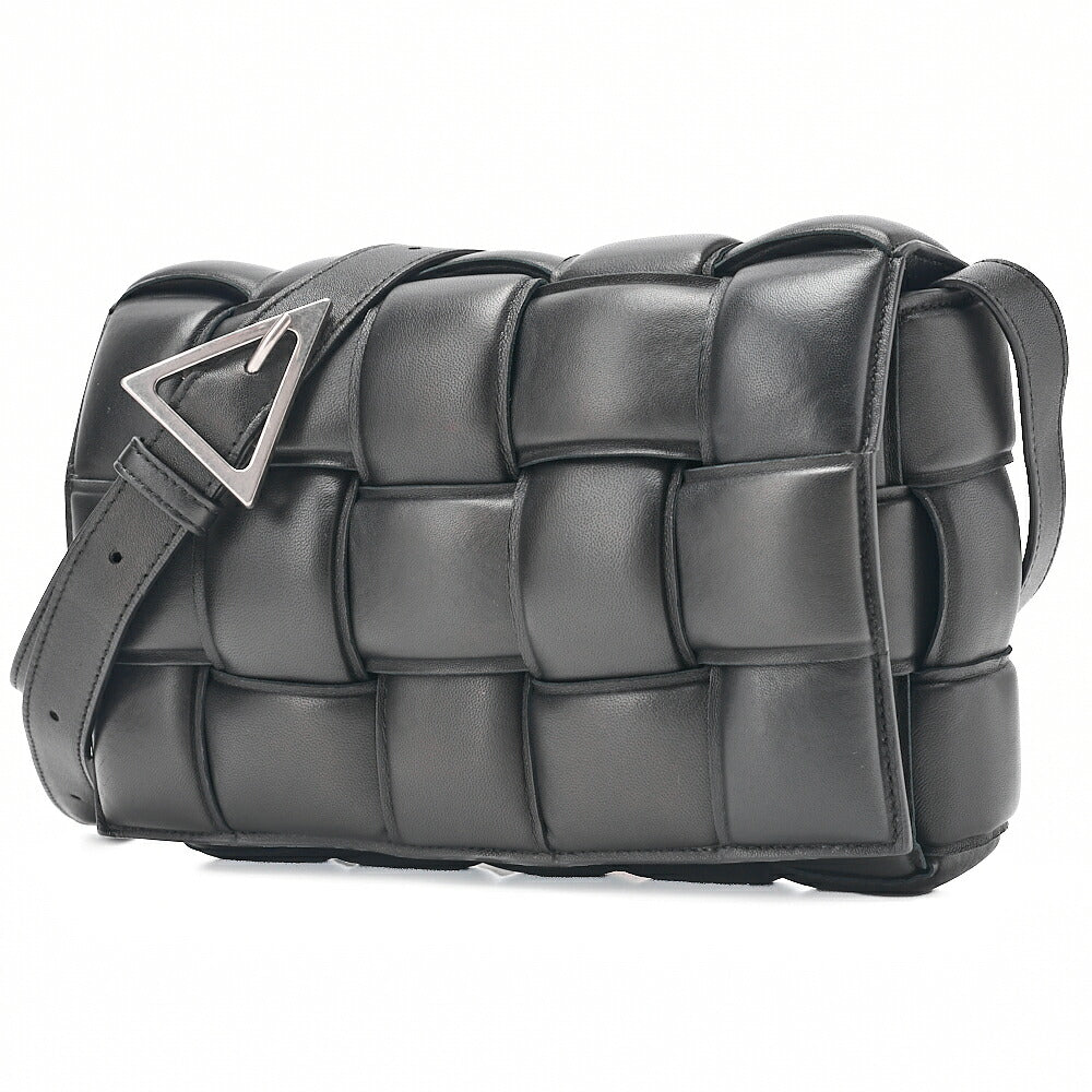 BOTTEGA VENETA Intrecciato Lambskin Padette Cassette Shoulder Back Black Silver-Tone Hardware,