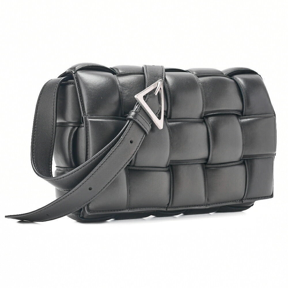 BOTTEGA VENETA Intrecciato Lambskin Padette Cassette Shoulder Back Black Silver-Tone Hardware,