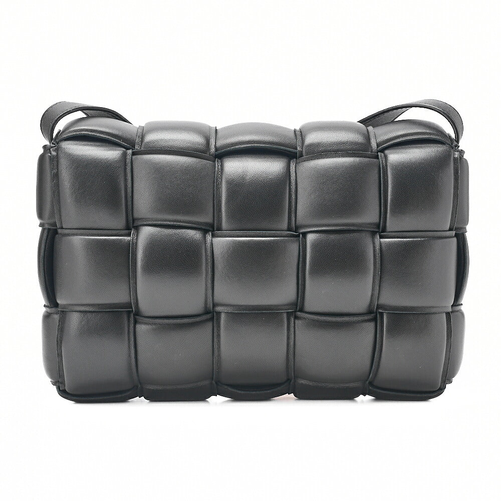 BOTTEGA VENETA Intrecciato Lambskin Padette Cassette Shoulder Back Black Silver-Tone Hardware,