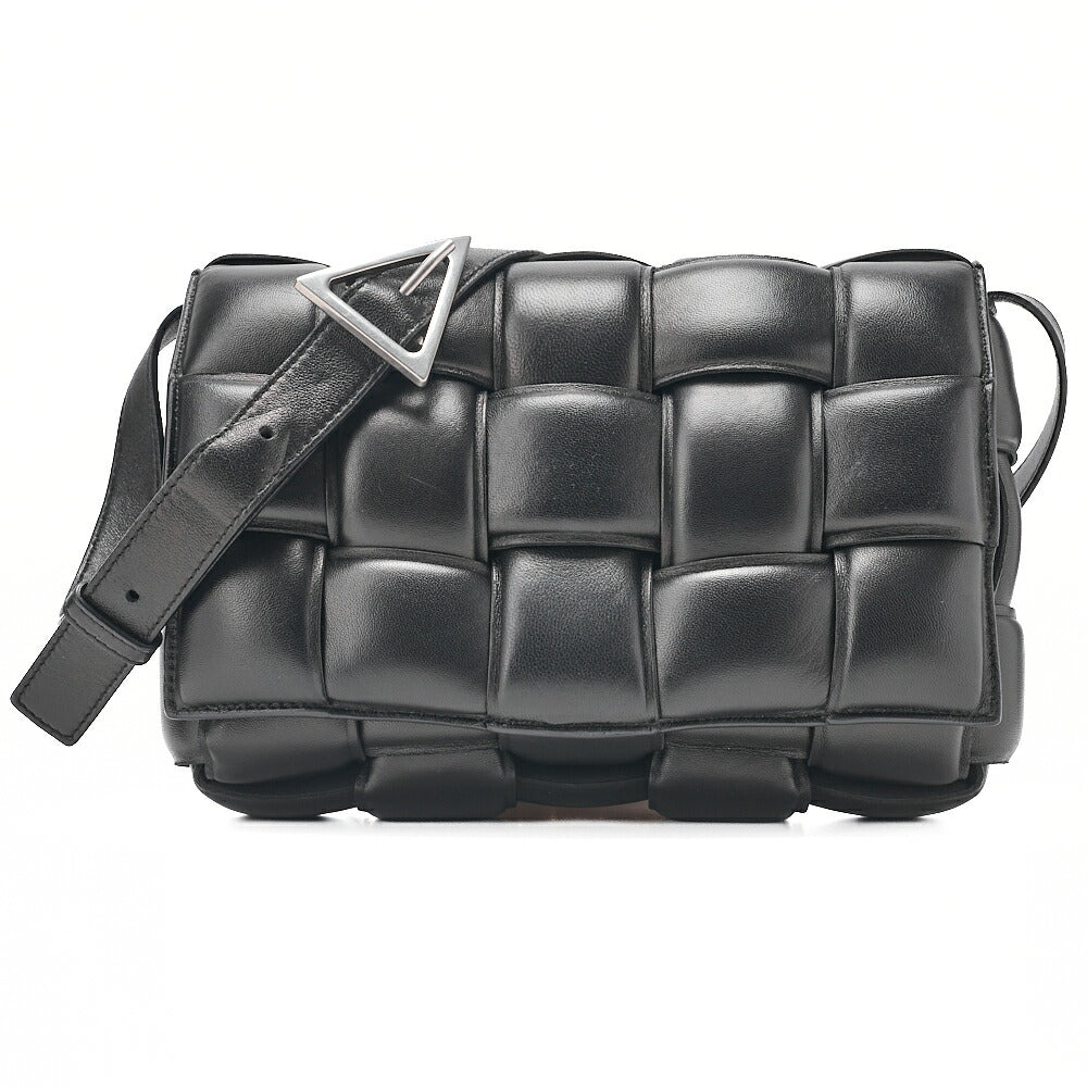 BOTTEGA VENETA Bottega Intrecciato Lambskin Padded Cassette Shoulder Bag Black Silver-Tone Hardware,