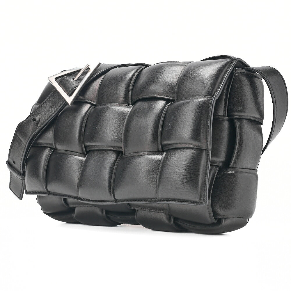 BOTTEGA VENETA Bottega Intrecciato Lambskin Padded Cassette Shoulder Bag Black Silver-Tone Hardware,
