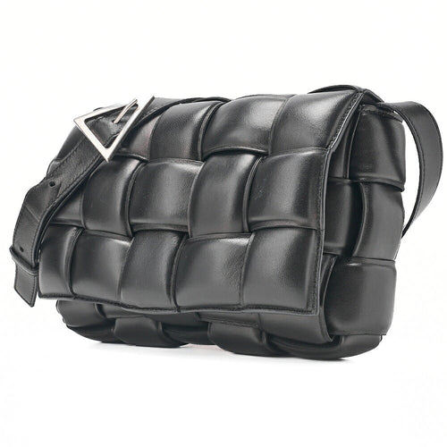 BOTTEGA VENETA Bottega Intrecciato Lambskin Padded Cassette Shoulder Bag Black Silver-Tone Hardware,