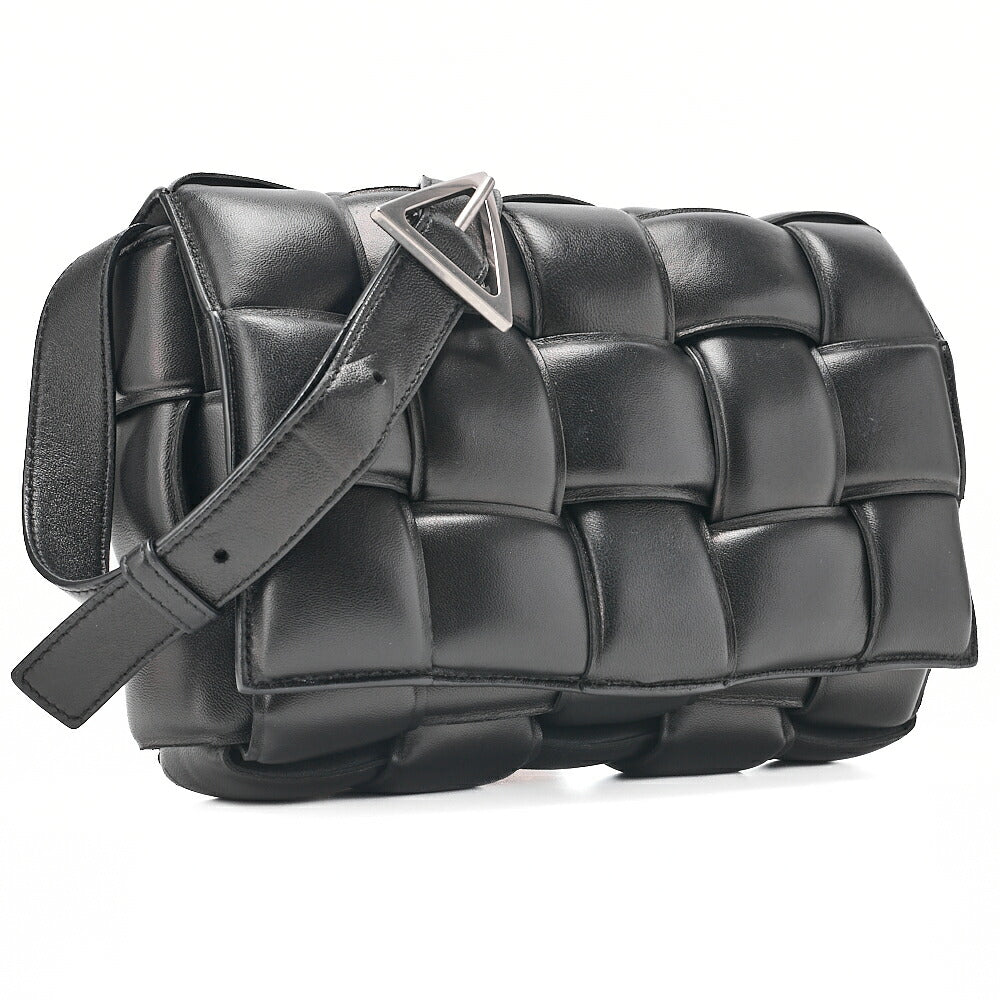 BOTTEGA VENETA Bottega Intrecciato Lambskin Padded Cassette Shoulder Bag Black Silver-Tone Hardware,