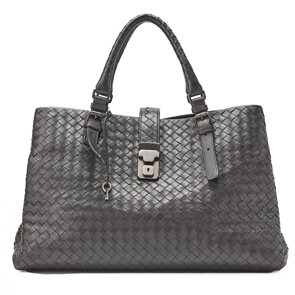 BOTTEGA VENETA Bottega Lambskin Intrechart Tote Bag Brown Dark Gray-Tone Hardware,