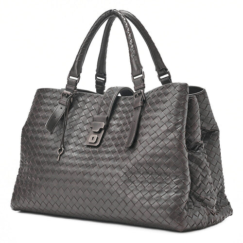 BOTTEGA VENETA Bottega Lambskin Intrechart Tote Bag Brown Dark Gray-Tone Hardware,