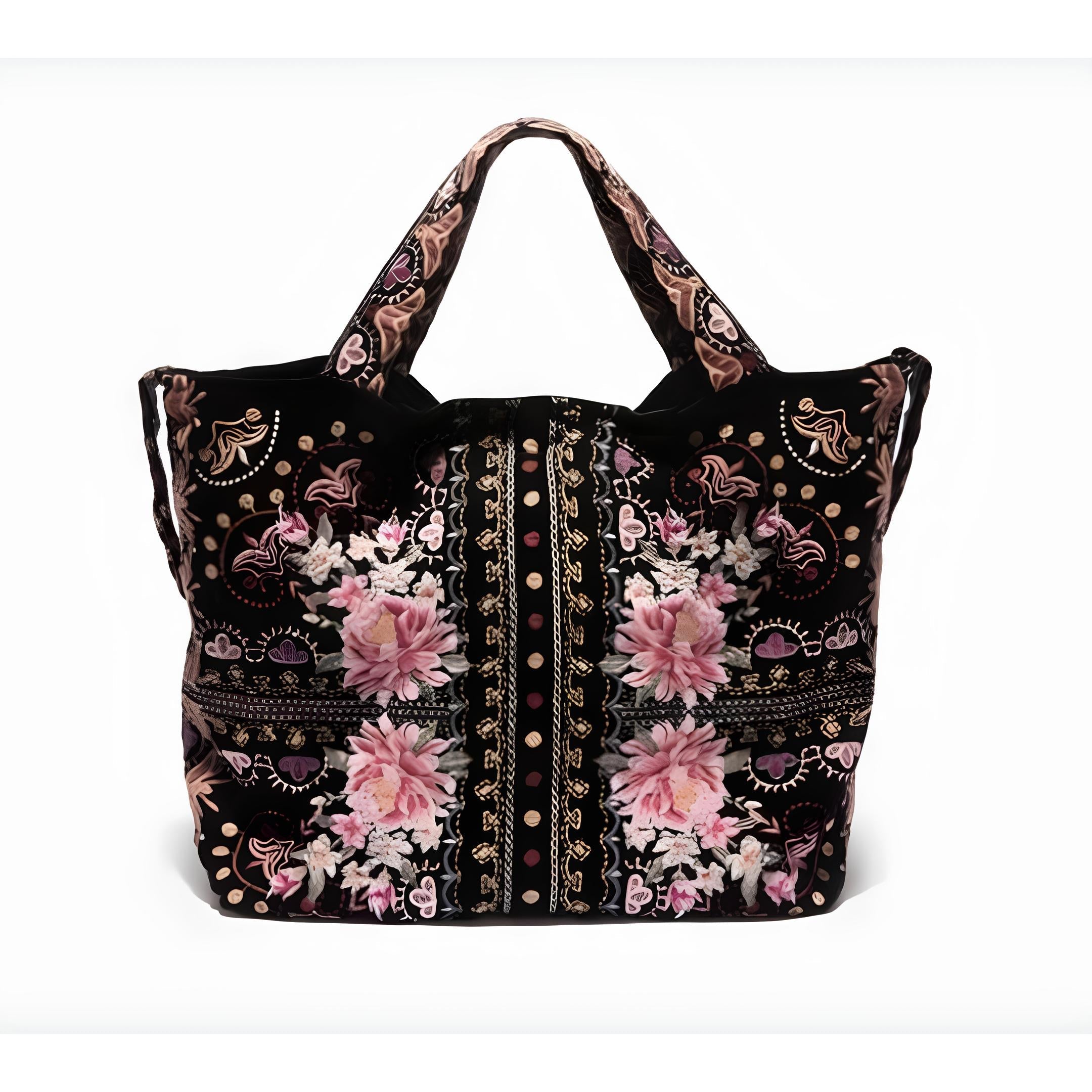 Johnny Was Joanna Velvet Embroidery Flowers Black Shoulder Tote Bag Handbag NEW