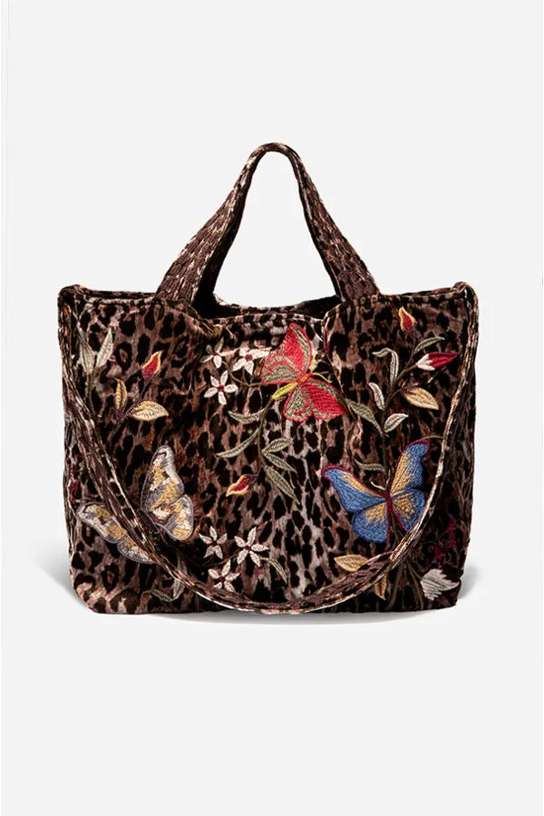 Johnny Was Penelope Velvet Tote Bag Butterfly Embroidery Leopard Brown Handbag NEW