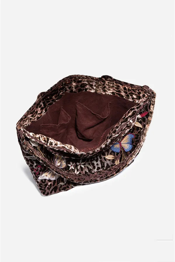 Johnny Was Penelope Velvet Tote Bag Butterfly Embroidery Leopard Brown Handbag NEW