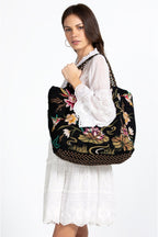 Johnny Was Maisie Linen Tote Bag Animal Floral Embroidery Black Handbag Purse NEW