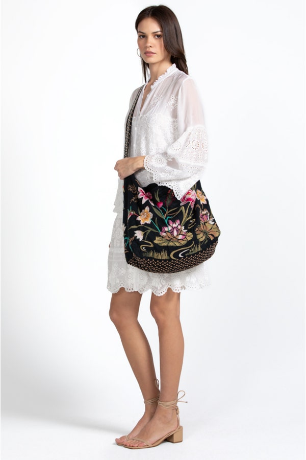Johnny Was Maisie Linen Tote Bag Animal Floral Embroidery Black Handbag Purse NEW