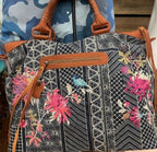 Johnny Was Viviana Denim Weekender Bag Floral Embroidery Handbag Brown Grey NEW