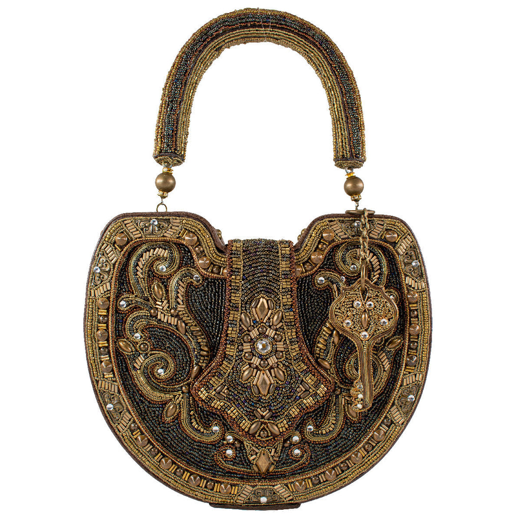 Mary Frances Lock it Up Beaded Top Handle Bag Leather Handbag Brown Gold Purse NEW