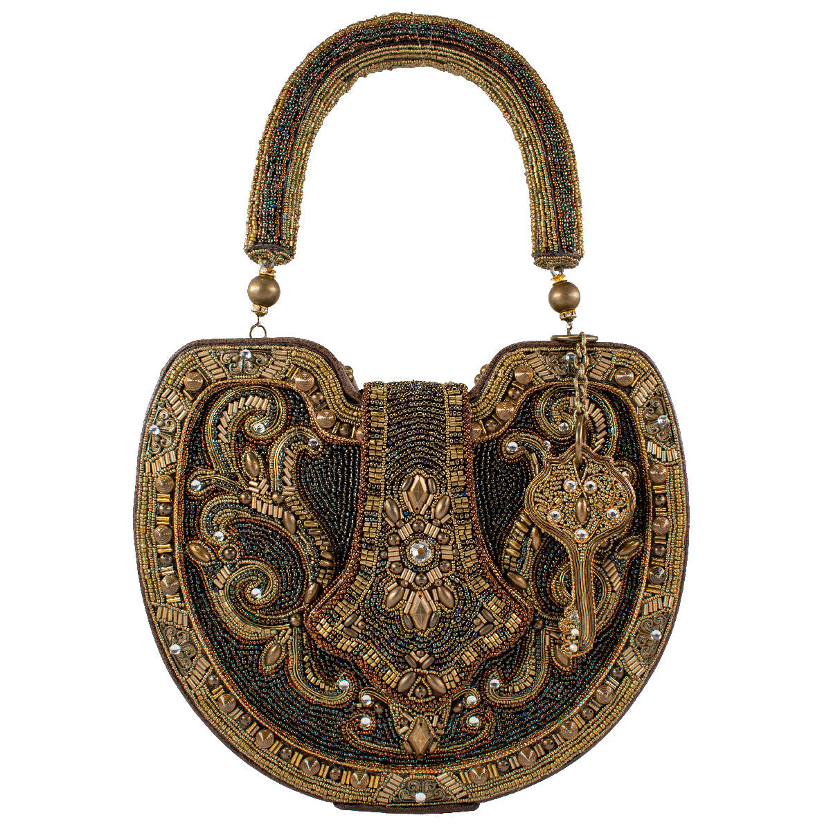 Mary Frances Lock it Up Beaded Top Handle Bag Leather Handbag Brown Gold Purse NEW