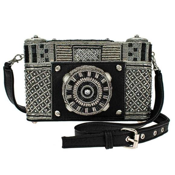 Mary Frances Picture That Beaded Crossbody Bag Silver Black Handbag Camera Purse NEW