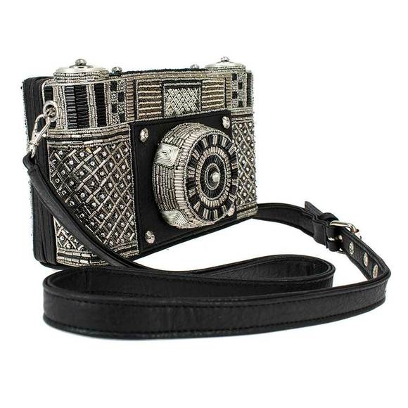 Mary Frances Picture That Beaded Crossbody Bag Silver Black Handbag Camera Purse NEW