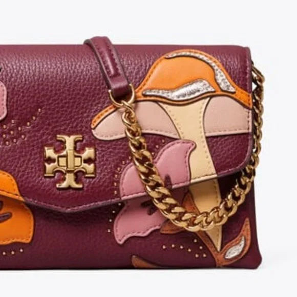 Tory Burch Kira Applique Floral Bag Brown Leather Handbag Burgundy Wine Purse NEW