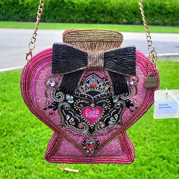 Mary Frances Love Potion Perfume Bottle Beaded Handbag Pink Black Bag Purse NEW