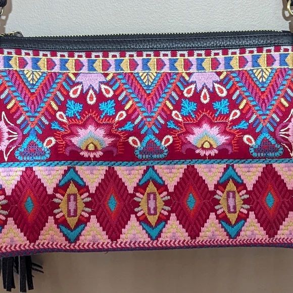 Johnny Was Laurell Fringe Floral Embroidery Bag Zip Handbag Black Pink Purse NEW