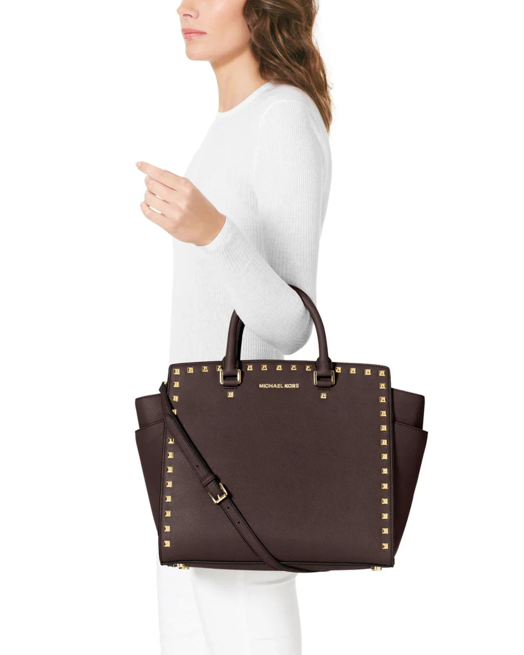 Michael Kors Selma Gold Studded Large Tote Bag Leather Coffee Brown Handbag NEW