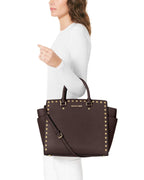 Michael Kors Selma Gold Studded Large Tote Bag Leather Coffee Brown Handbag NEW