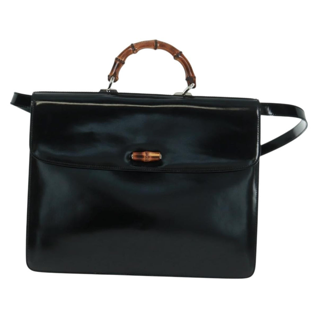 Gucci Vintage Bamboo Handle Bag Patent Leather Black Patent_Leather Handbag (Authentic Pre-Loved)