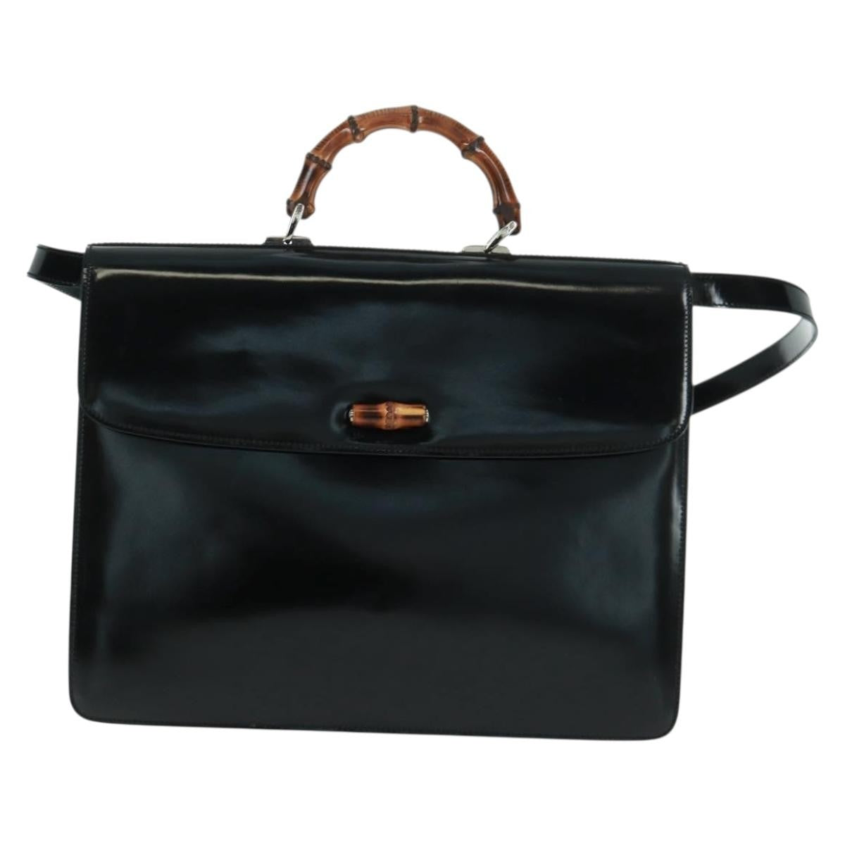 Gucci Vintage Bamboo Handle Bag Patent Leather Black Patent_Leather Handbag (Authentic Pre-Loved)
