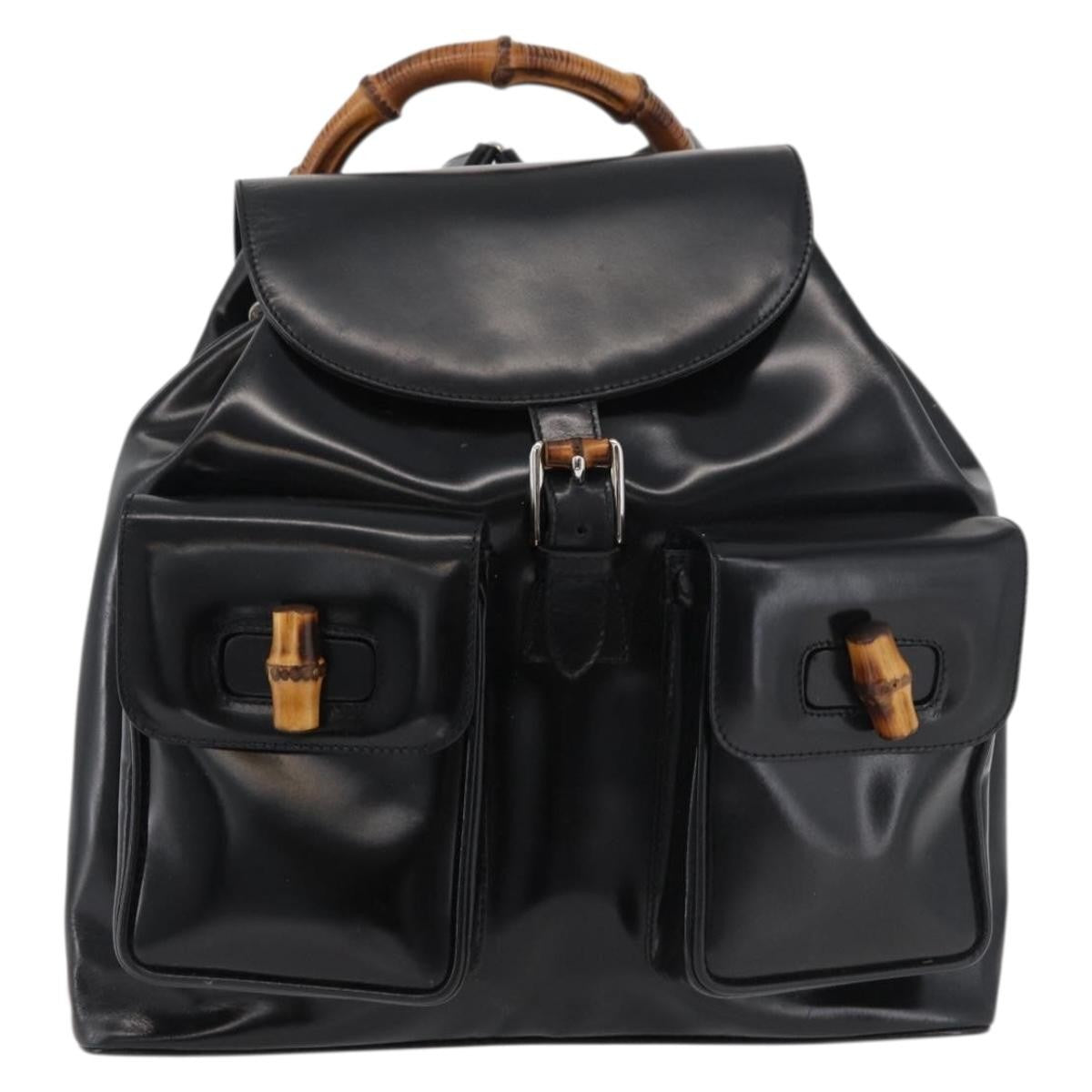 Gucci Vintage Bamboo Backpack Patent Leather Black Patent_Leather Backpack Bag (Authentic Pre-Loved)