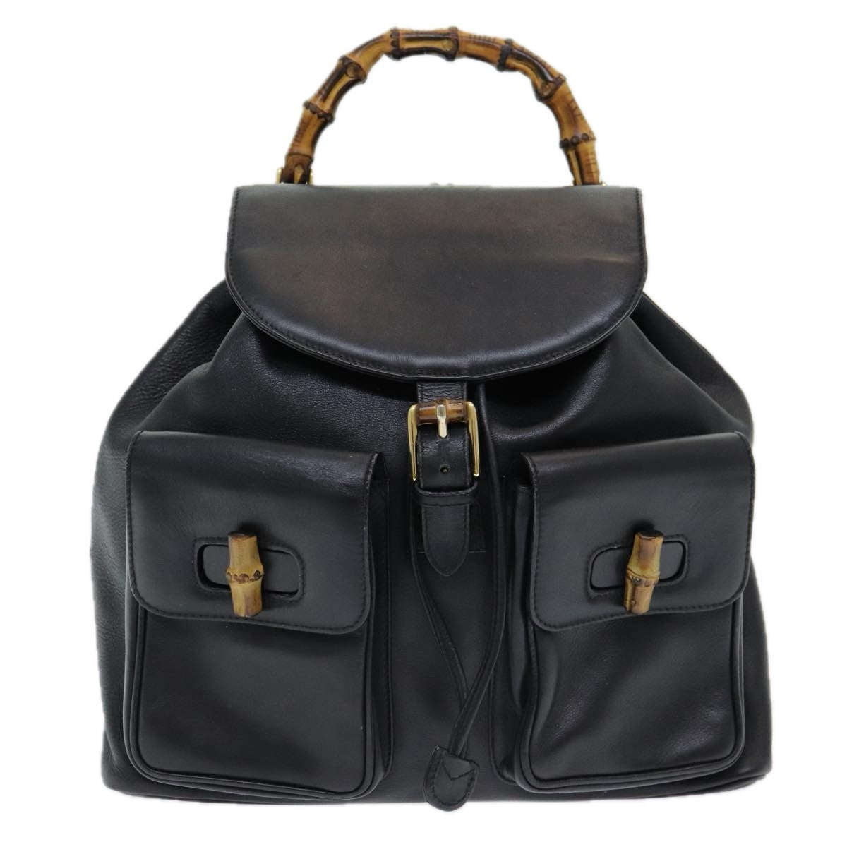 Gucci Vintage Bamboo Backpack Leather Black Leather Backpack Bag (Authentic Pre-Loved)