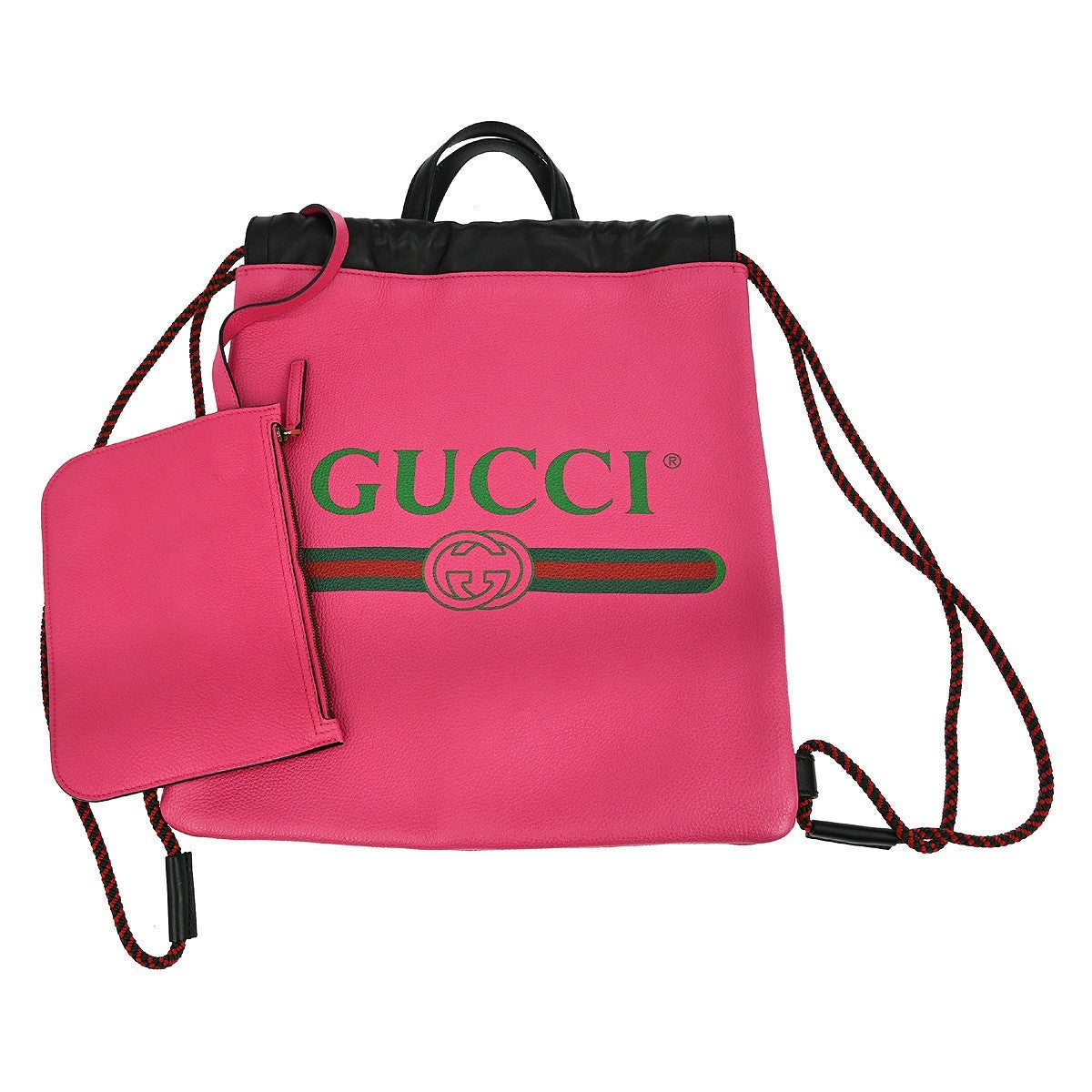 Gucci Logo Drawstring Backpack Printed Leather Pink Leather Backpack Bag (Authentic Pre-Loved)