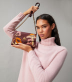 Tory Burch Kira Applique Floral Bag Brown Leather Handbag Burgundy Wine Purse NEW