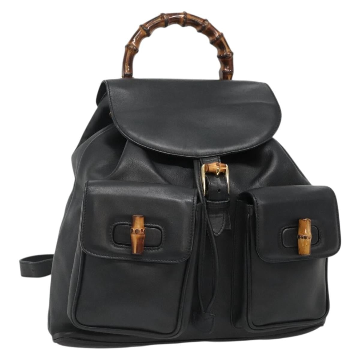 Gucci Vintage Bamboo Backpack Leather Black Leather Backpack Bag (Authentic Pre-Loved)