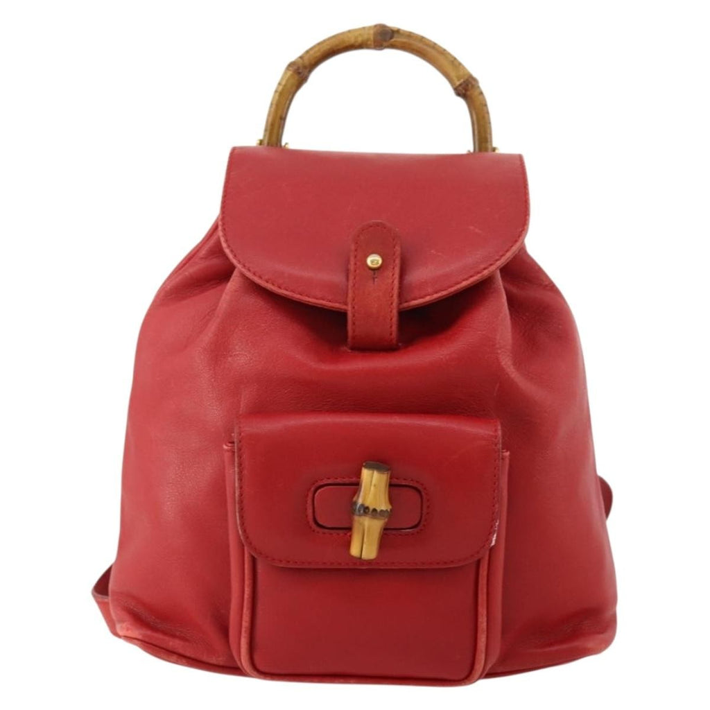 Gucci Vintage Bamboo Backpack Leather Red Leather Backpack Bag (Authentic Pre-Loved)
