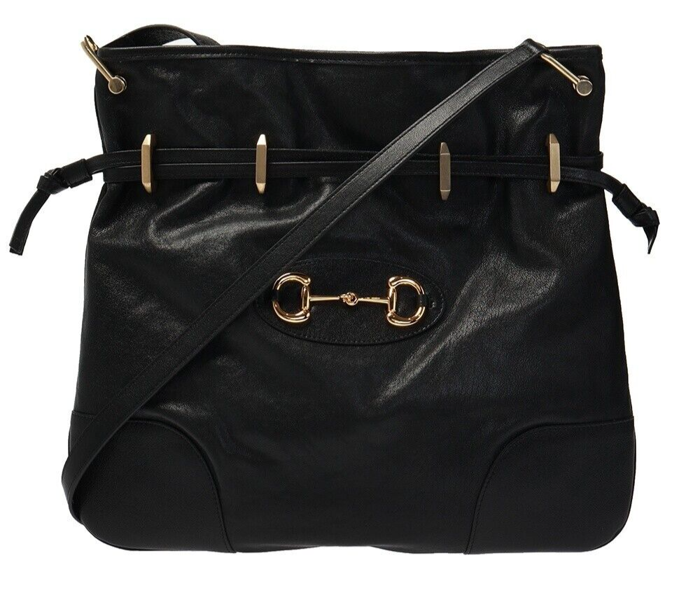 Gucci Calfskin Horsebit 1955 Messenger Leather Black Shoulder Bag Handbag Italy NEW