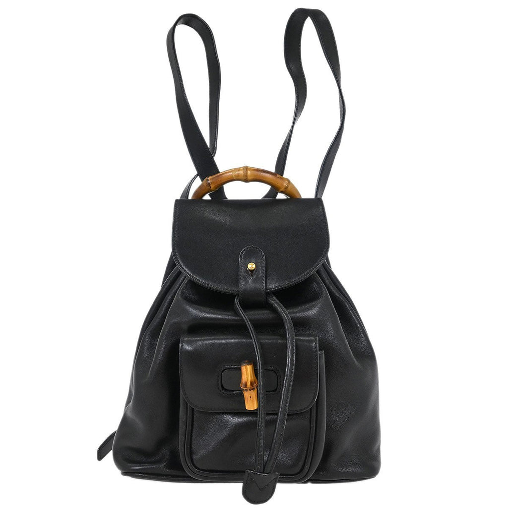 Gucci Vintage Bamboo Backpack Leather Black Leather Backpack Bag (Authentic Pre-Loved)