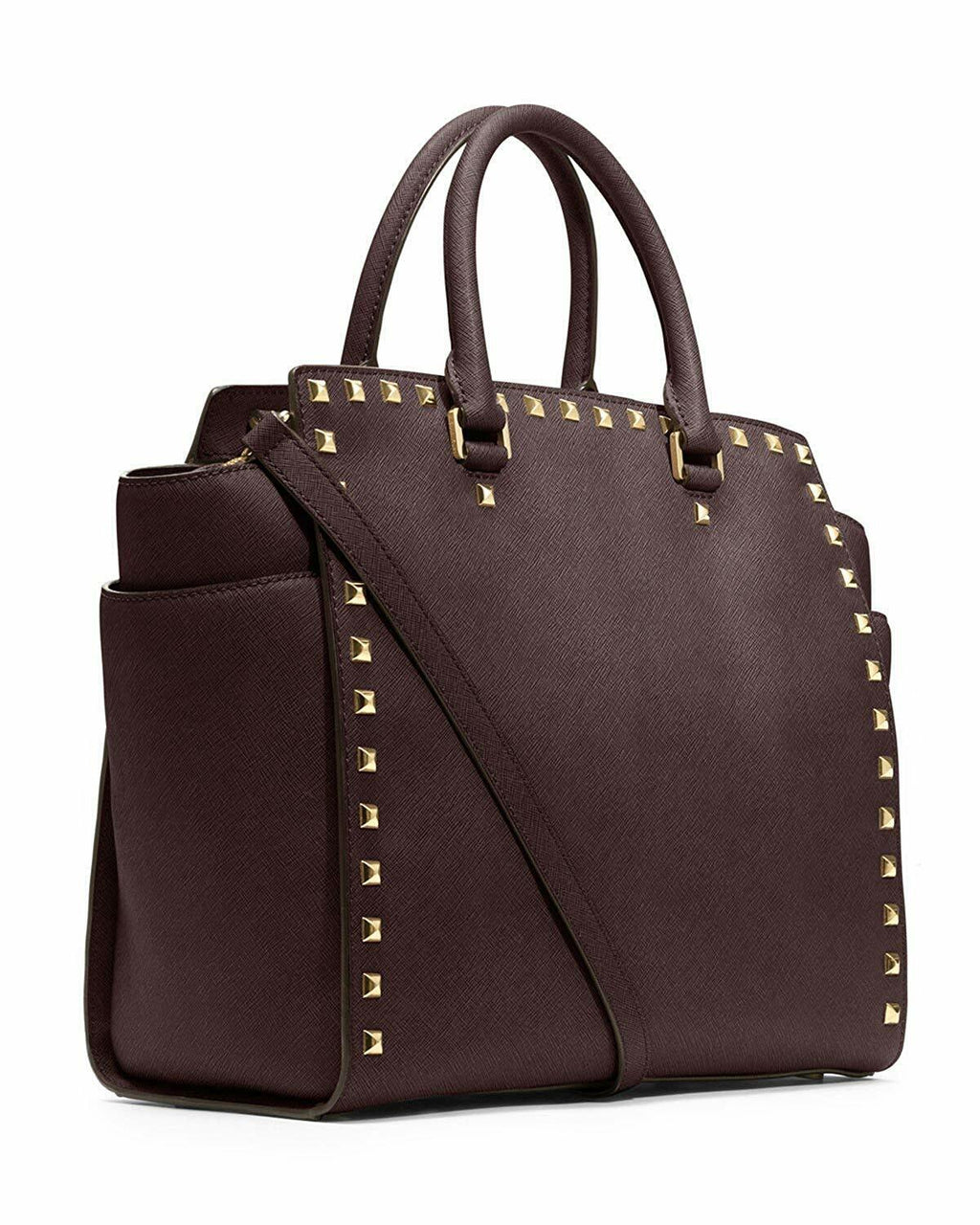 Michael Kors Selma Gold Studded Large Tote Bag Leather Coffee Brown Handbag NEW
