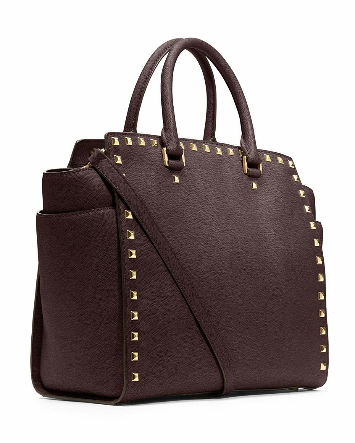 Michael Kors Selma Gold Studded Large Tote Bag Leather Coffee Brown Handbag NEW