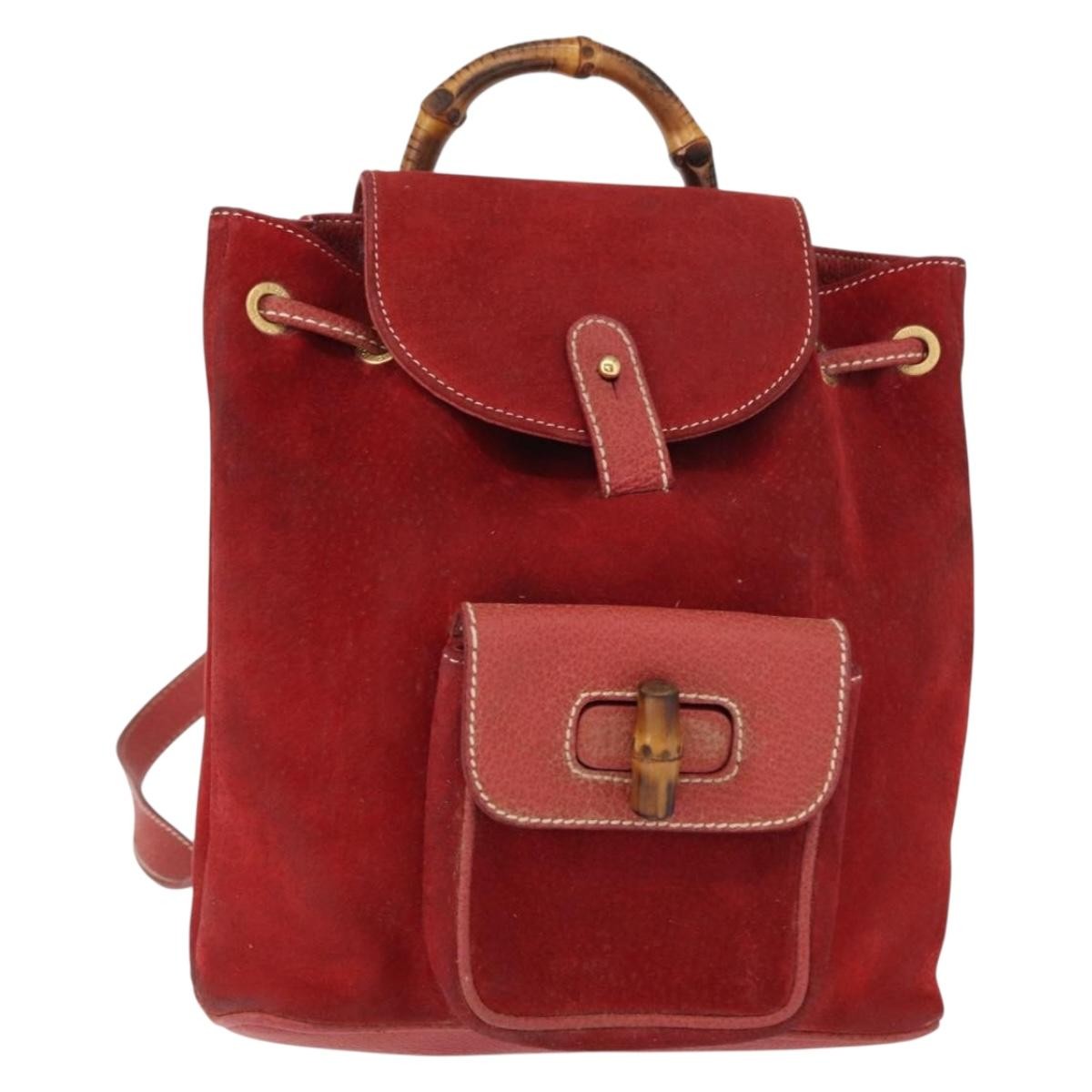 Gucci Vintage Bamboo Backpack Leather Red Leather Backpack Bag (Authentic Pre-Loved)