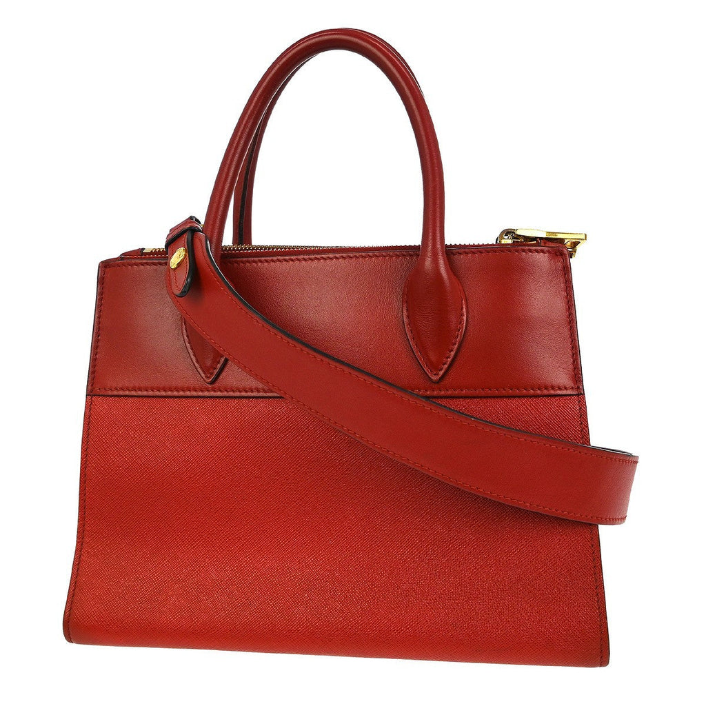 Prada Paradigme Tote Saffiano With City Calf Red Leather Handbag (Authentic Pre-Loved)