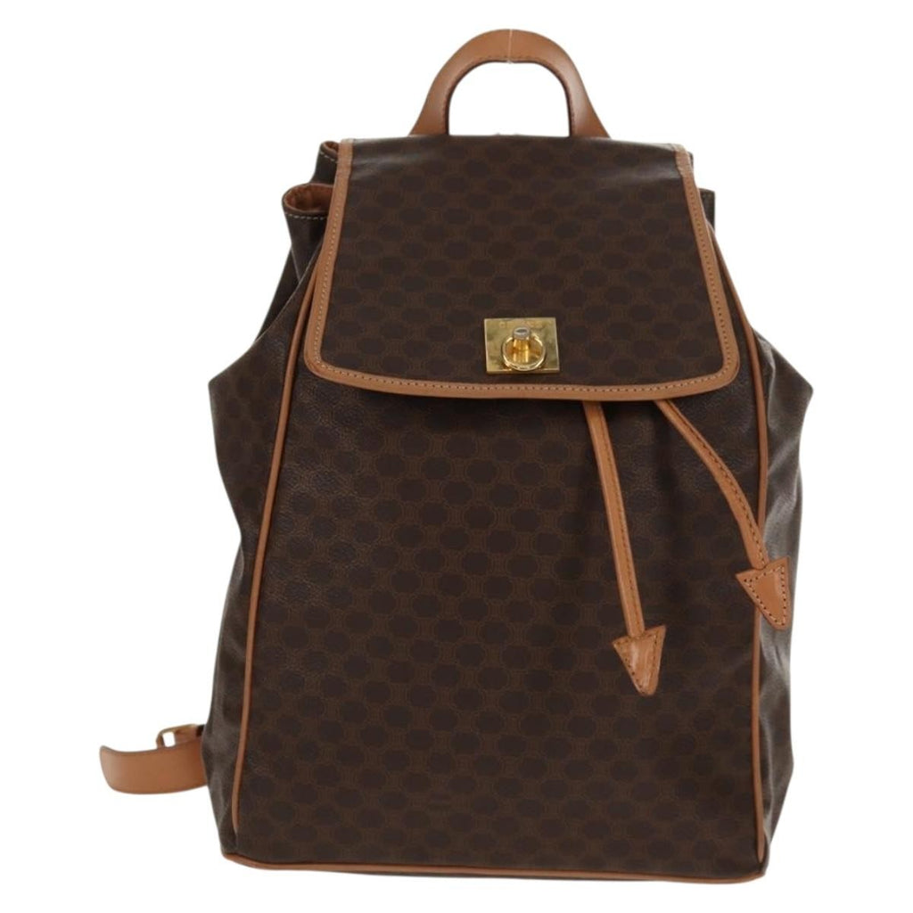 Celine Vintage Drawstring Flap Backpack Macadam Coated Canvas Brown Canvas Backpack Bag (Authentic Pre-Loved)