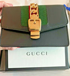 Gucci Black Leather Small Mini Gold Chain Handbag Bag Sylvie Super Web Italy NEW