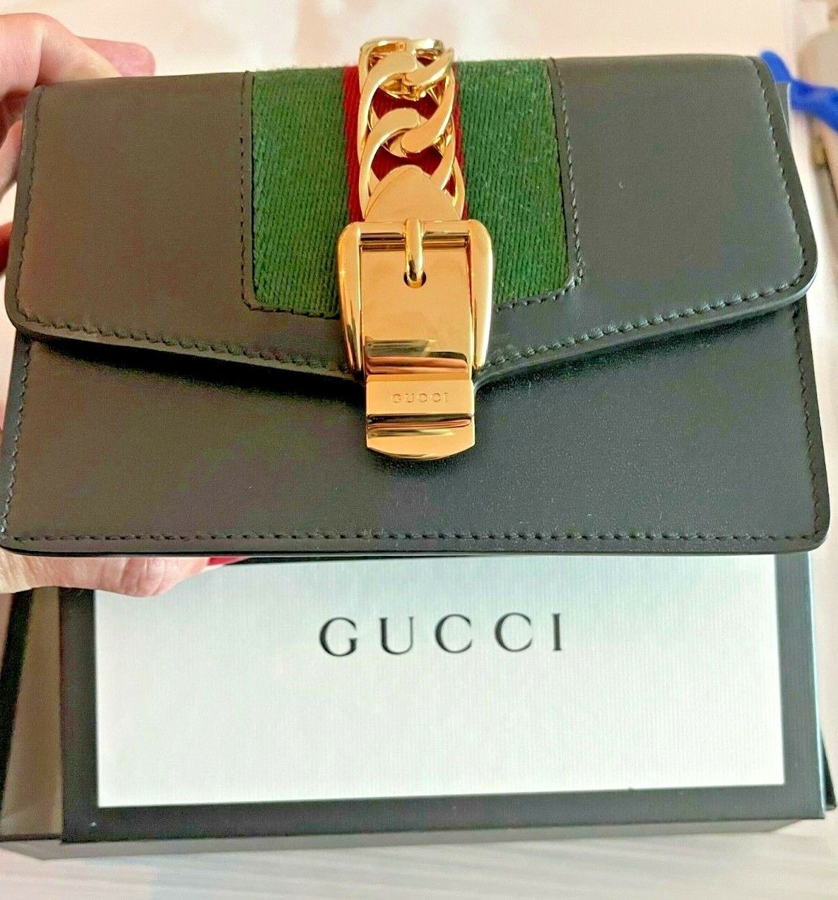 Gucci Black Leather Small Mini Gold Chain Handbag Bag Sylvie Super Web Italy NEW