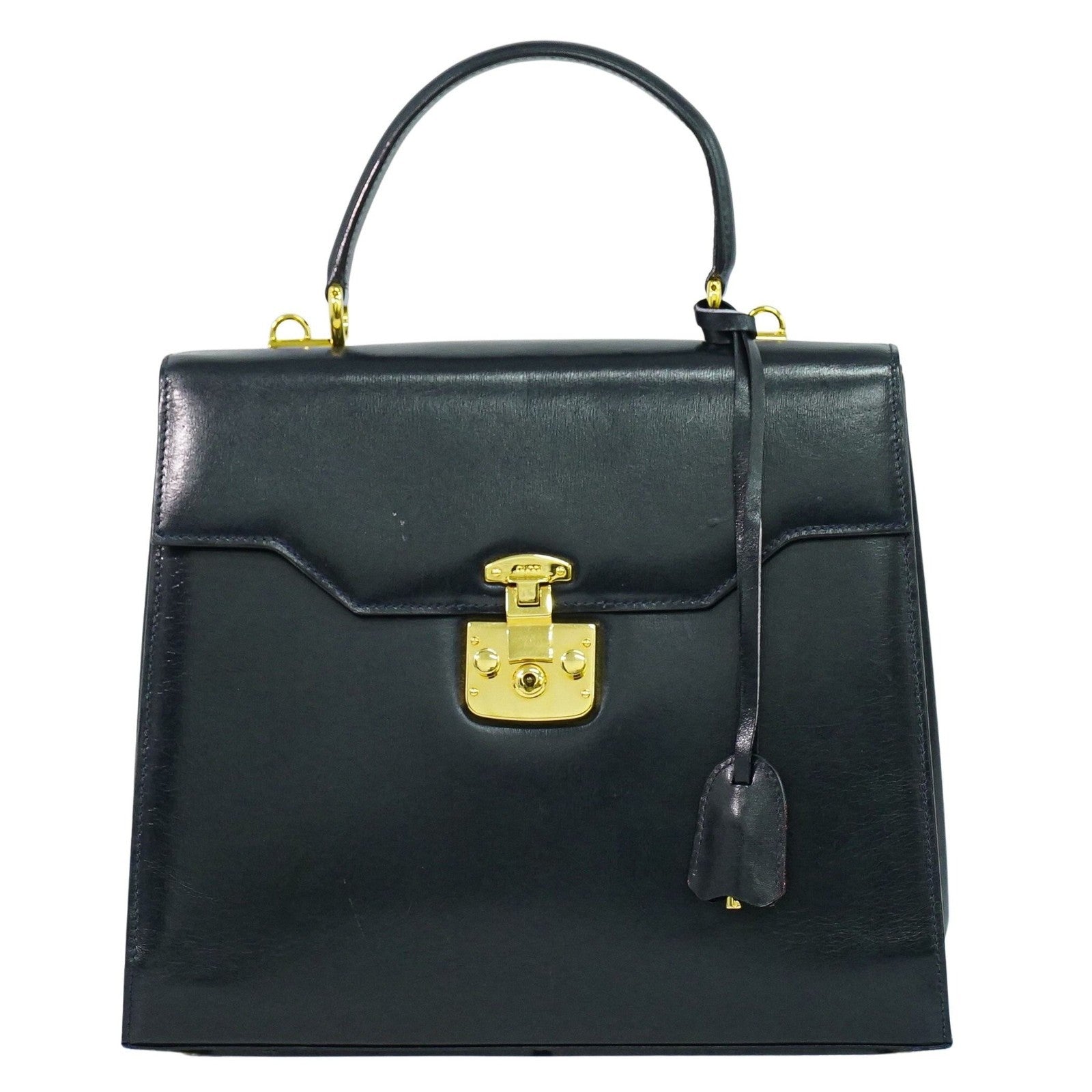 Gucci Vintage Lady Lock Top Handle Bag Leather Navy Leather Handbag (Authentic Pre-Loved)