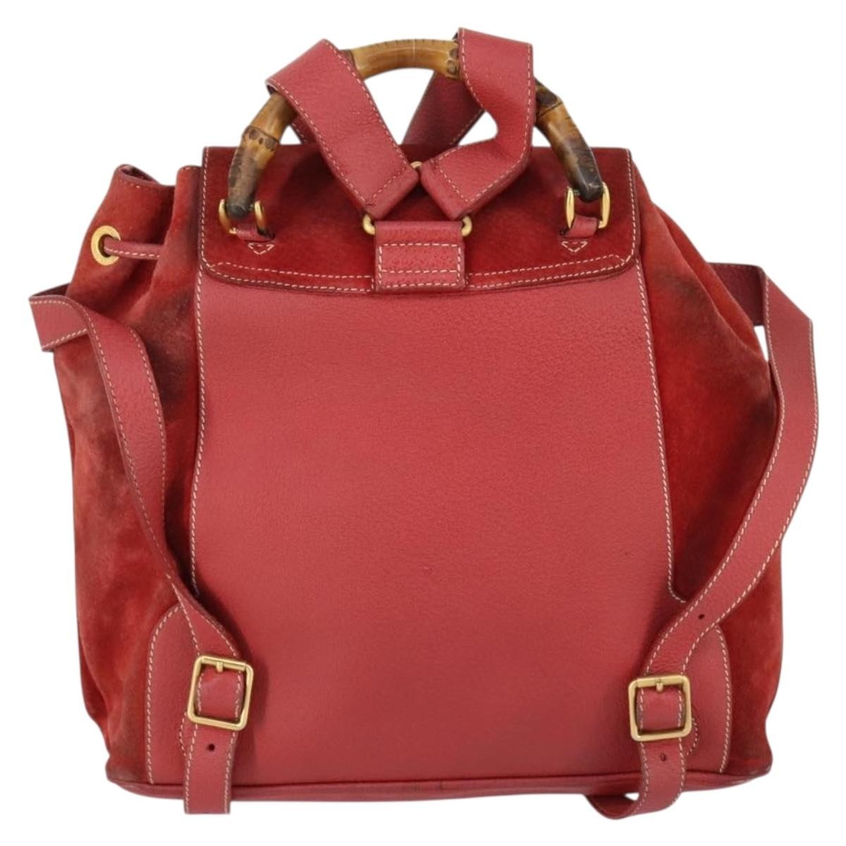 Gucci Vintage Bamboo Backpack Suede Red Suede Backpack Bag (Authentic Pre-Loved)
