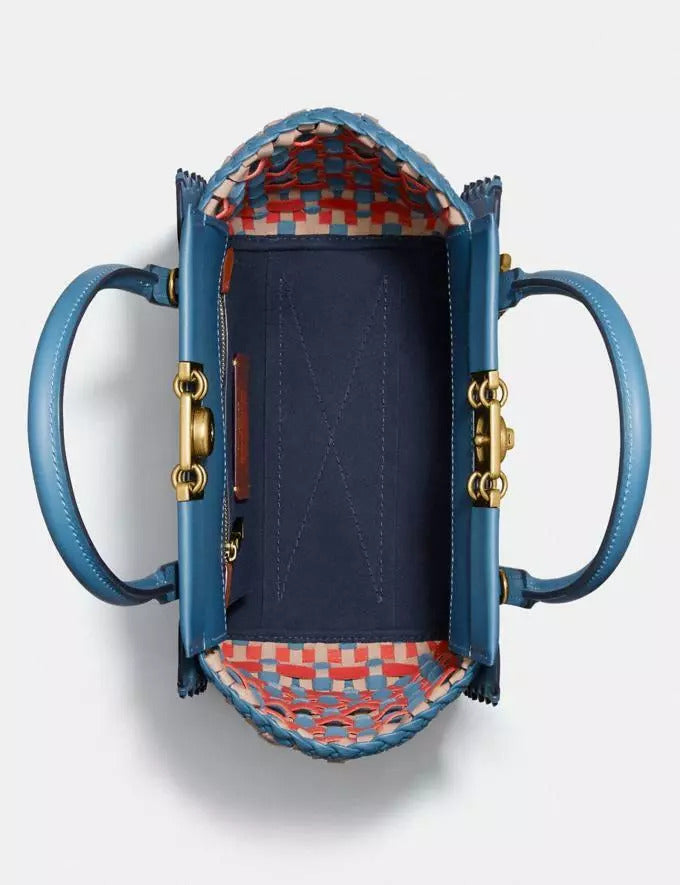 Coach Troupe Tote Weaving Bag Leather Magnetic Zip Blue Lake Handbag Purse NEW