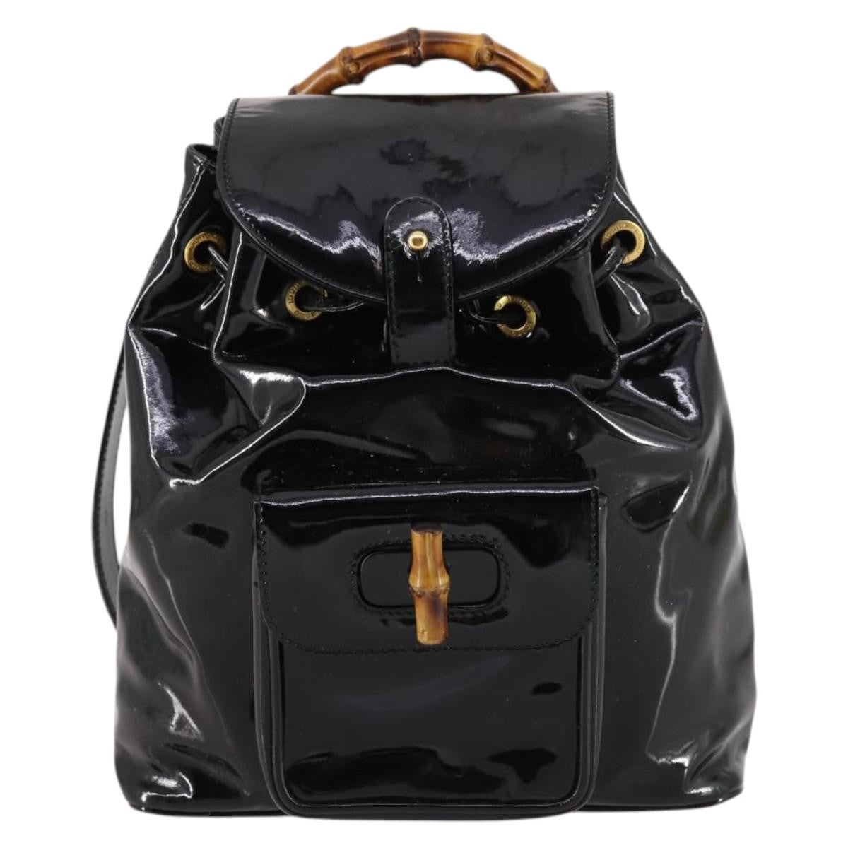 Gucci Vintage Bamboo Backpack Patent Black Patent_Leather Backpack Bag (Authentic Pre-Loved)